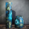 Vase Tall 40 cm Blue Green Floor Hand Painted Glass